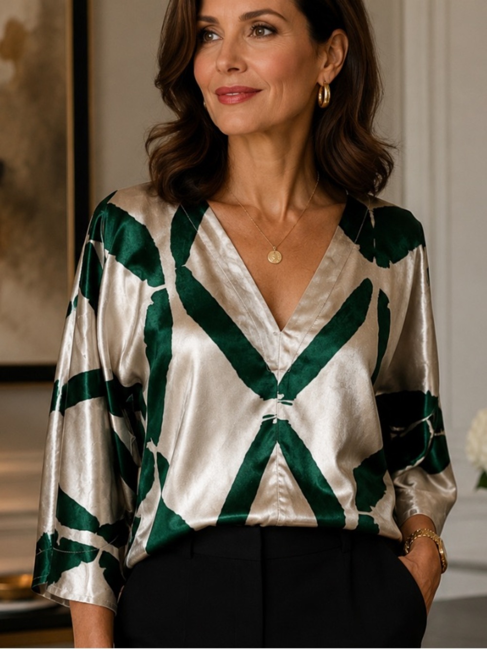 New! FIGUE Andromeda Satin Top in Diasi Green Dolman Flared Sleeves Retail $398